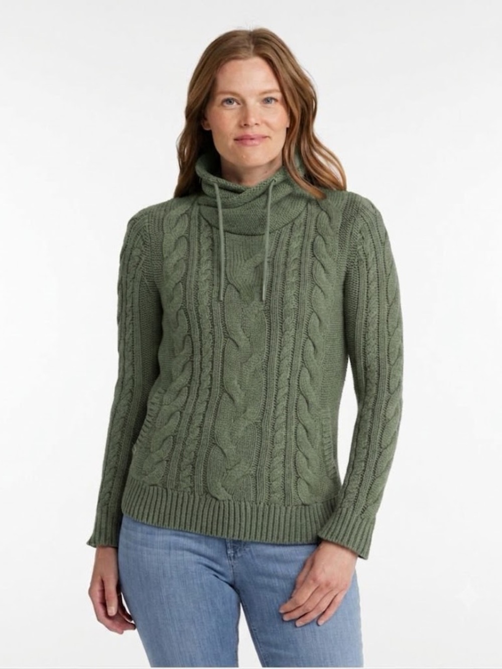 L.L. Bean Double L Mixed-Cable Sweater, Funnelneck- Bay Leaf